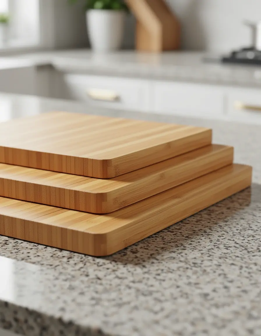 Set de tablas de cortar de bambú apiladas en una cocina