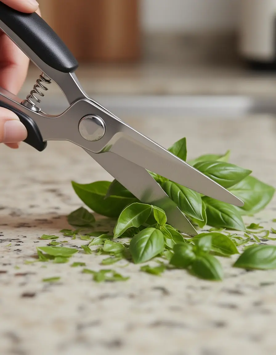 Tijeras para hierbas cortando albahaca fresca
