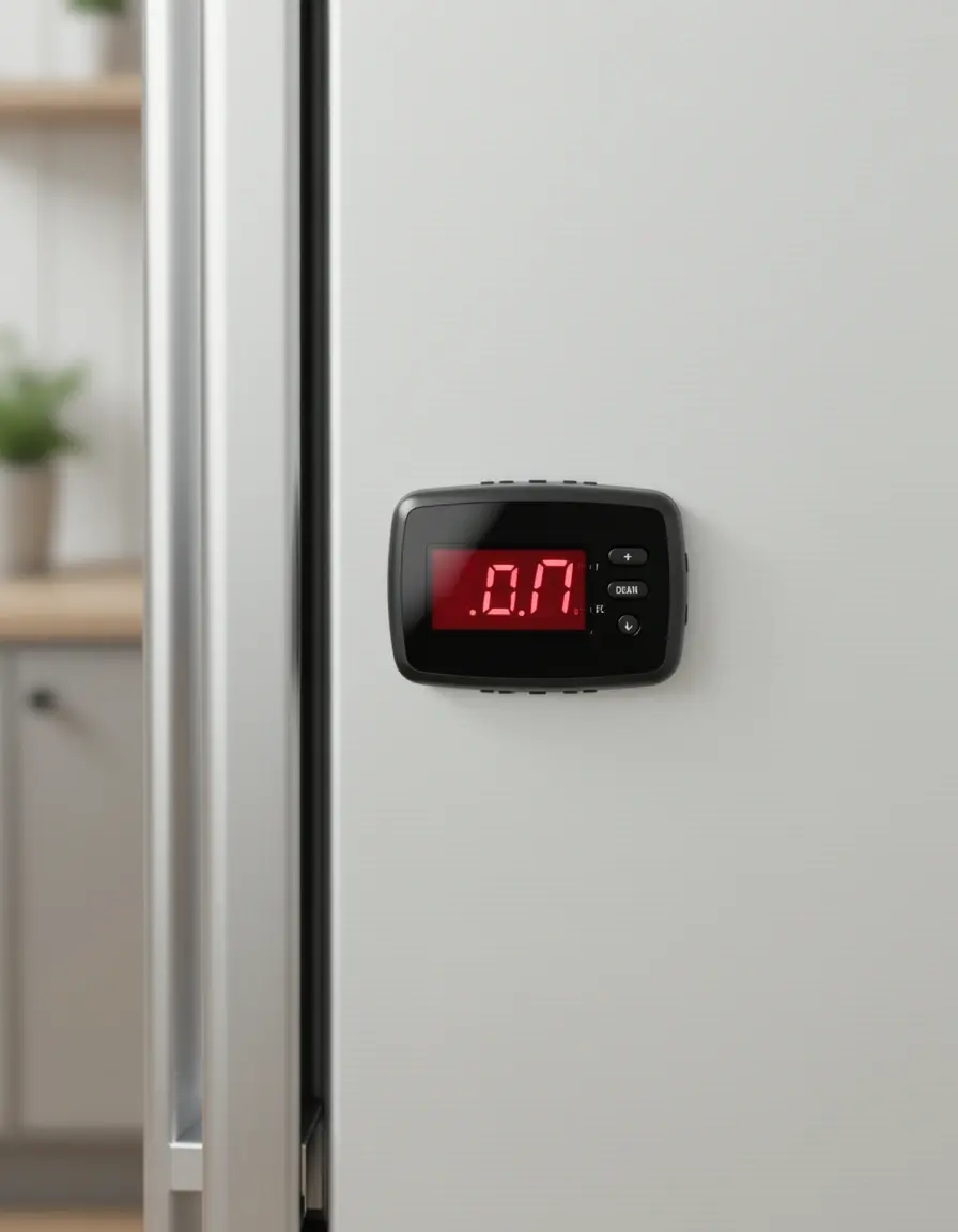 Temporizador digital magnético pegado a una nevera de acero inoxidable