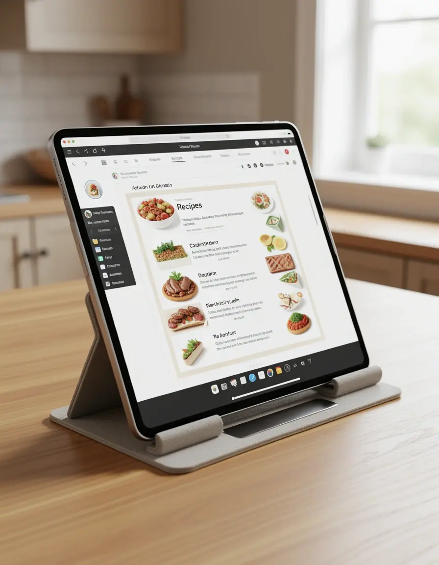 Soporte ajustable para tablet con una receta abierta en la pantalla