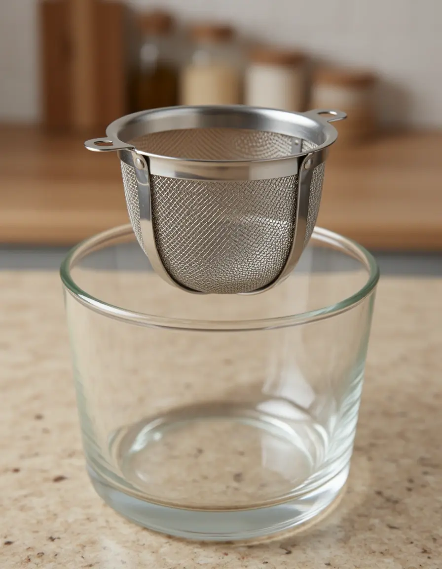 Colador de cóctel tipo Hawthorne sobre un vaso mezclador