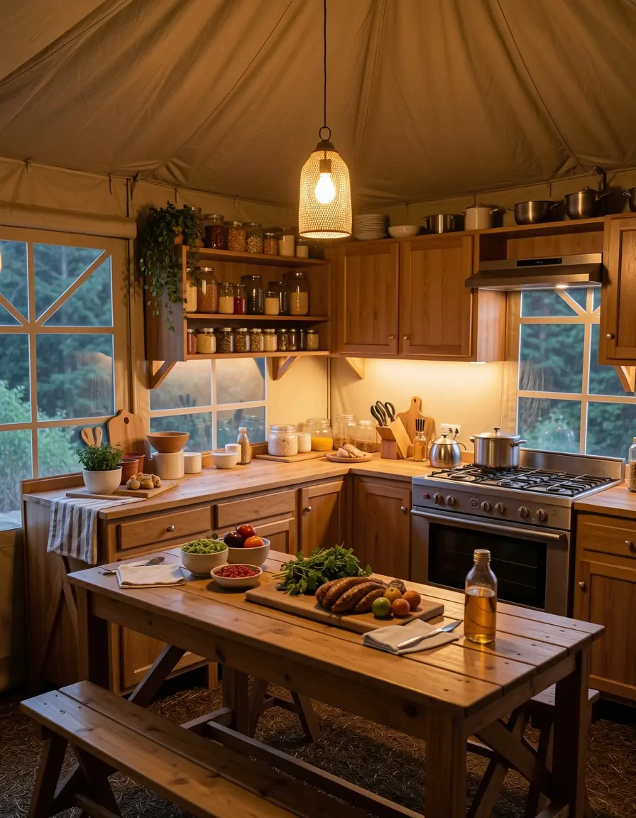 Linterna LED de camping iluminando una cocina de tienda de campaña