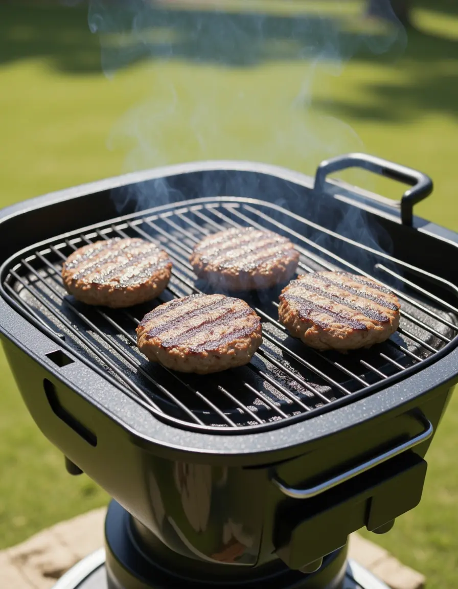 Mini parrilla de gas portátil cocinando hamburguesas