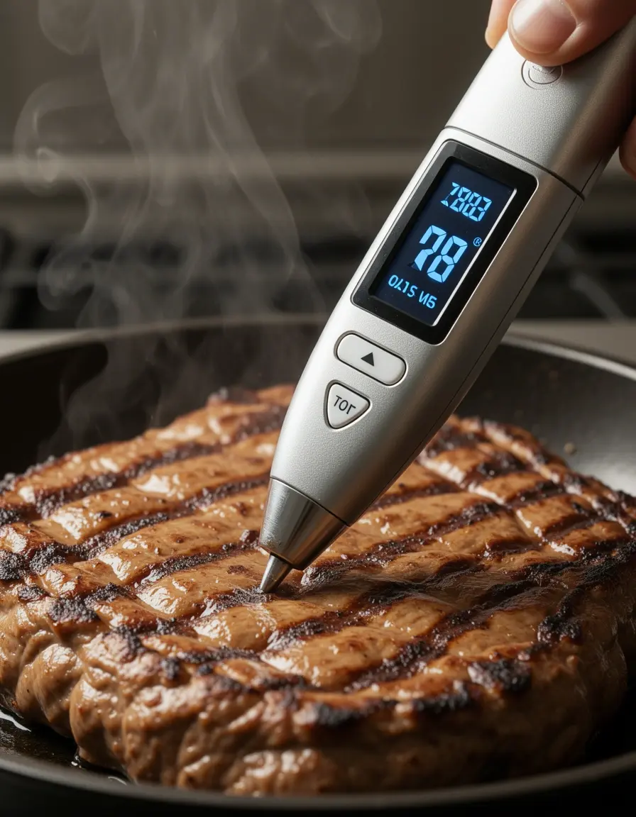 Sonda de temperatura digital midiendo el punto exacto de la carne