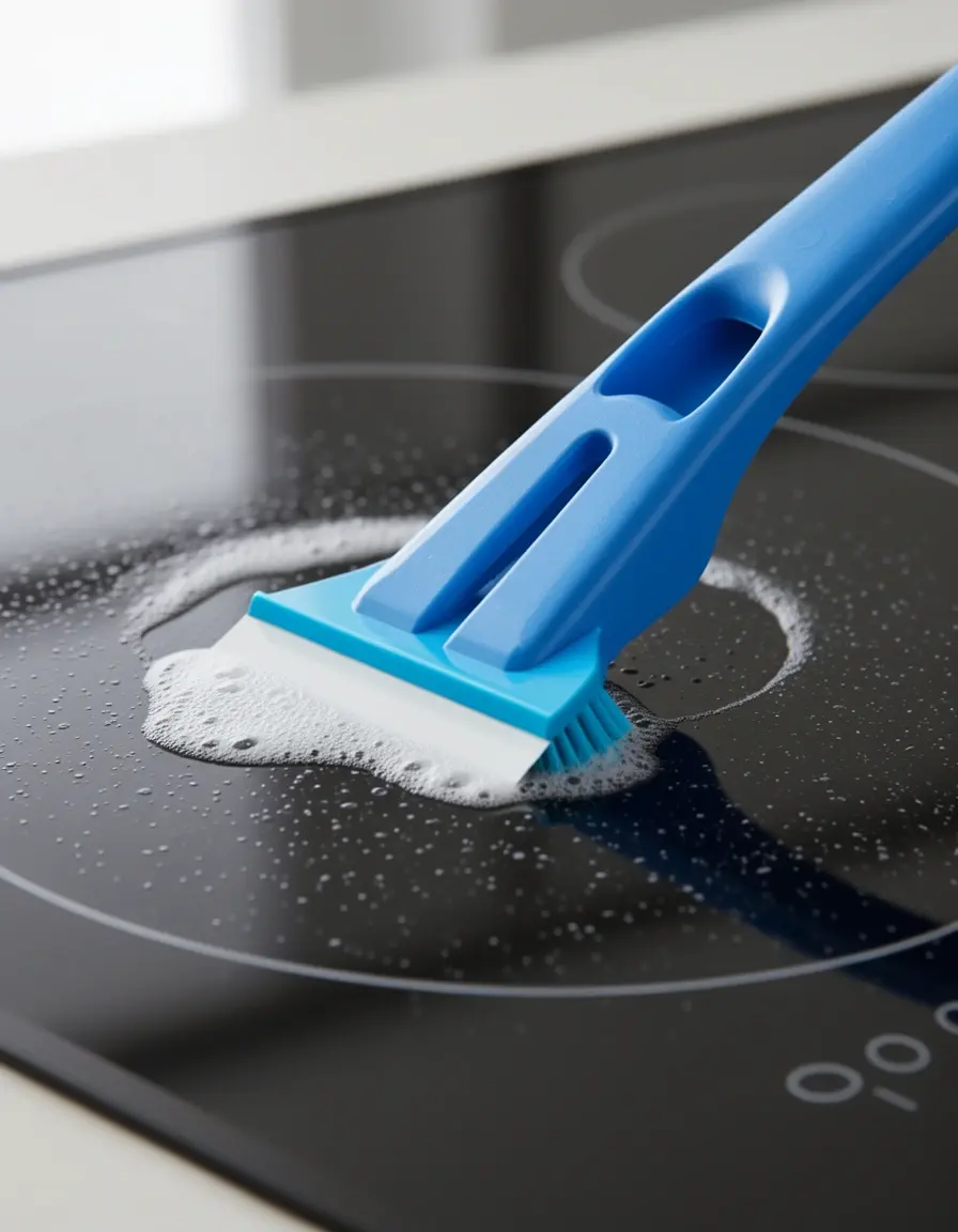 Rascadores de plástico eliminando residuos de la placa de cocina
