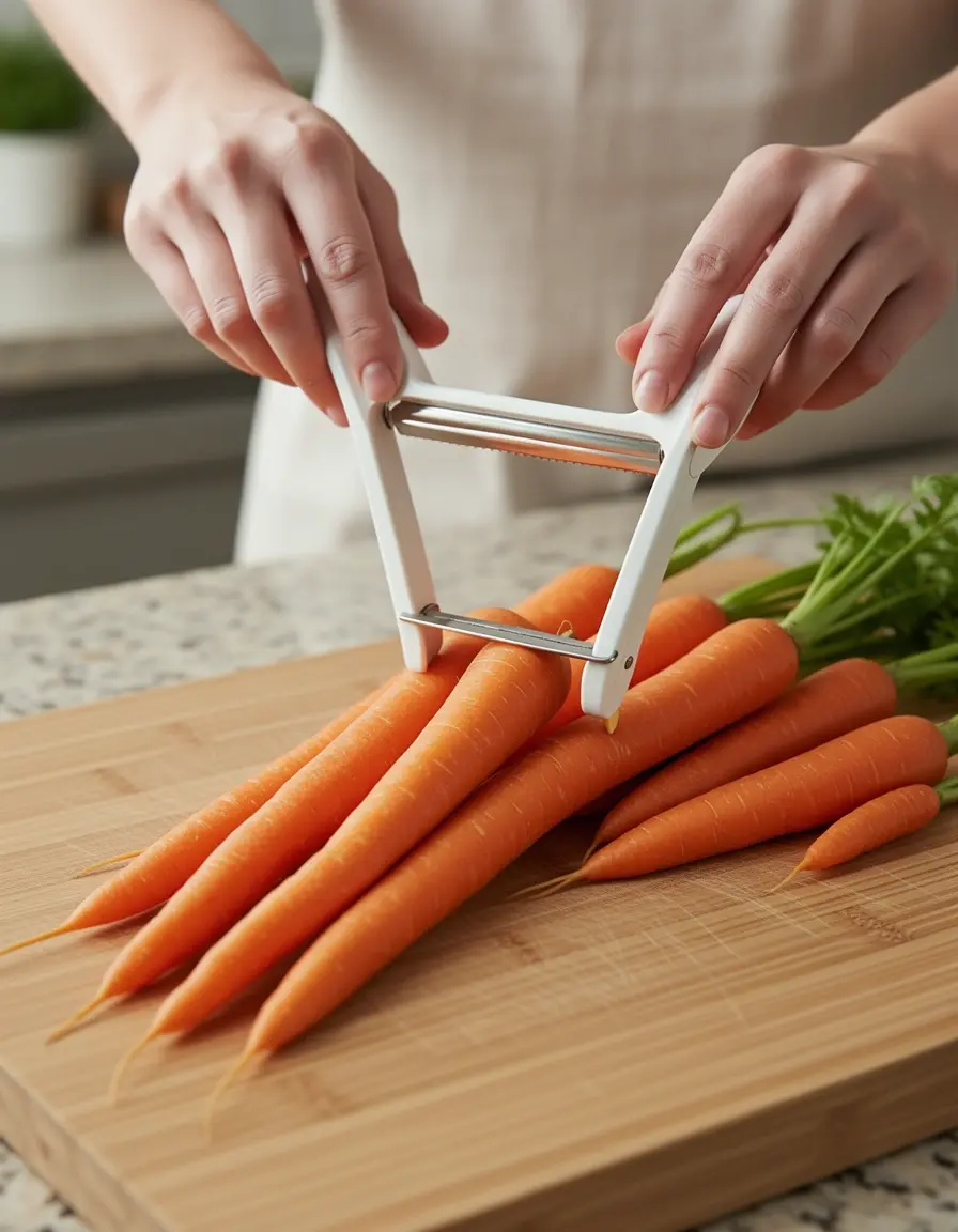 Pelador de verduras en forma de Y pelando una zanahoria fresca