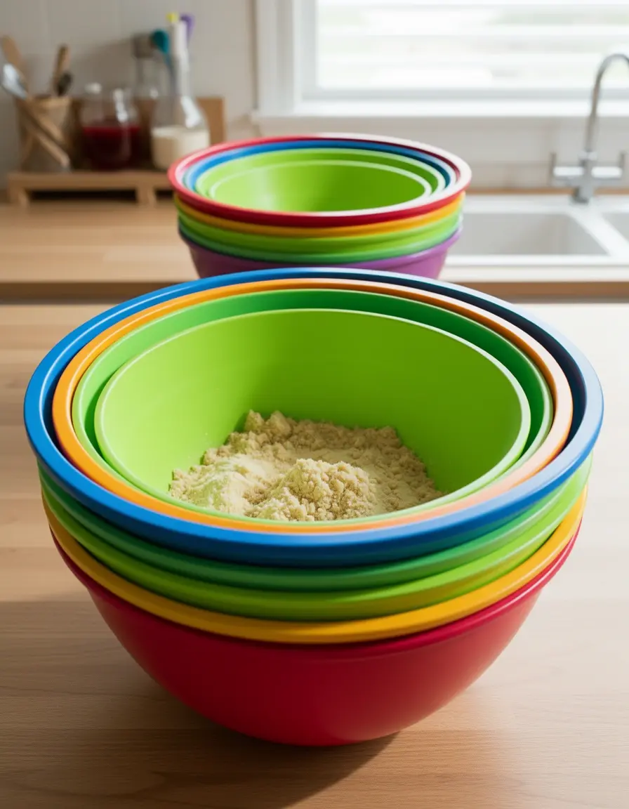 Set de cuencos de plástico apilables de diferentes colores para mezclar alimentos