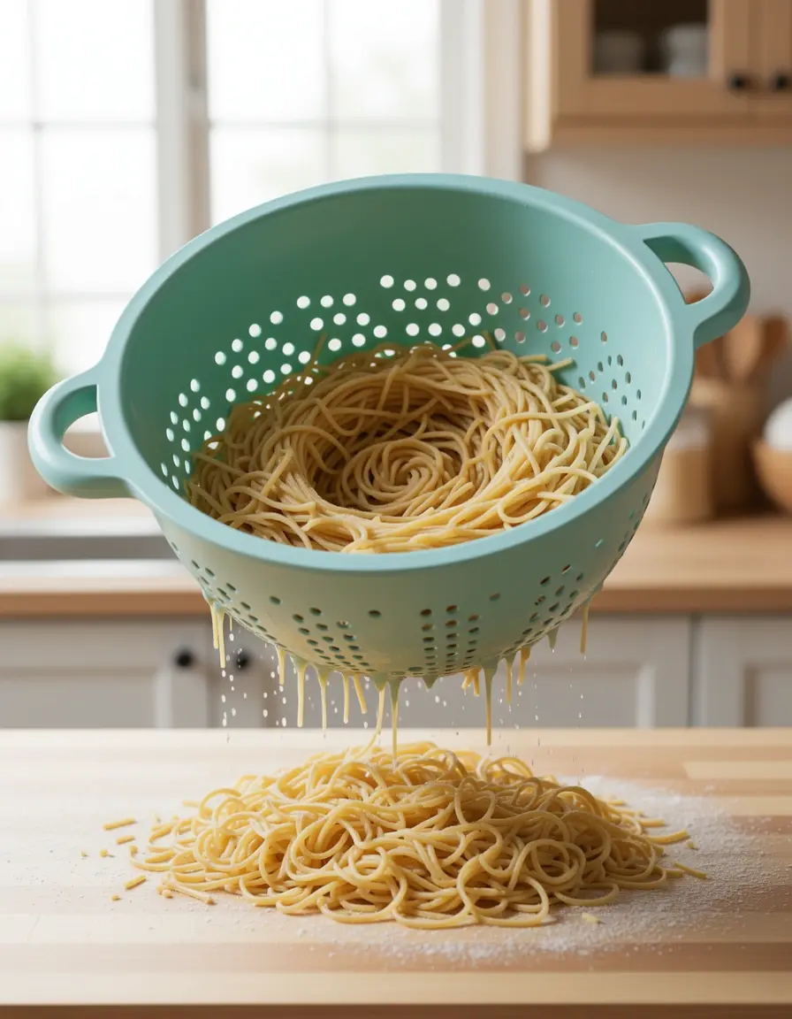Escurridor de plástico grande drenando pasta humeante en el fregadero