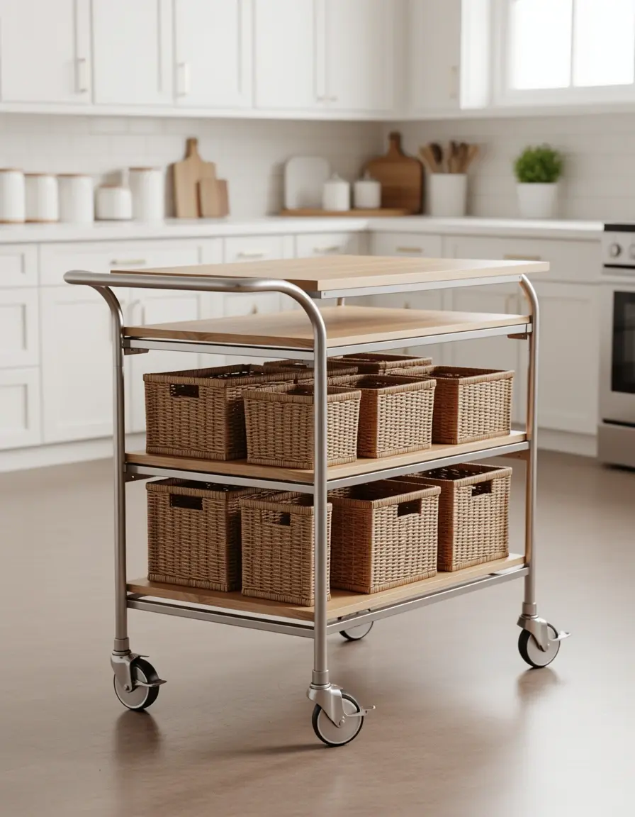 Carrito isla cocina portátil con cestas y ruedas de metal
