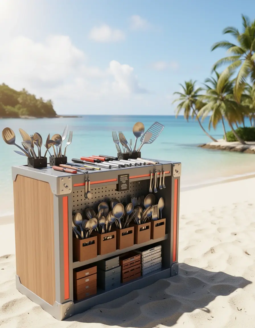 Barra magnética para utensilios instalada en el lateral de una isla cocina