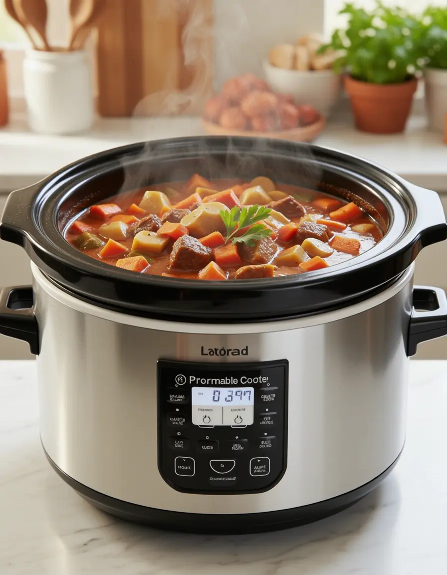 Olla de cocción lenta programable cocinando un estofado vibrante