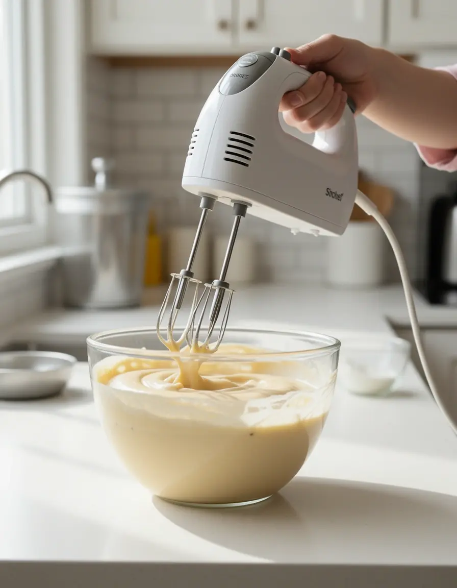 Batidora de mano eléctrica batiendo masa para pastel