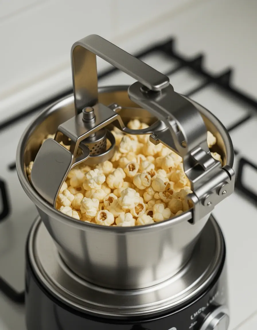 Máquina de palomitas de aire caliente en funcionamiento