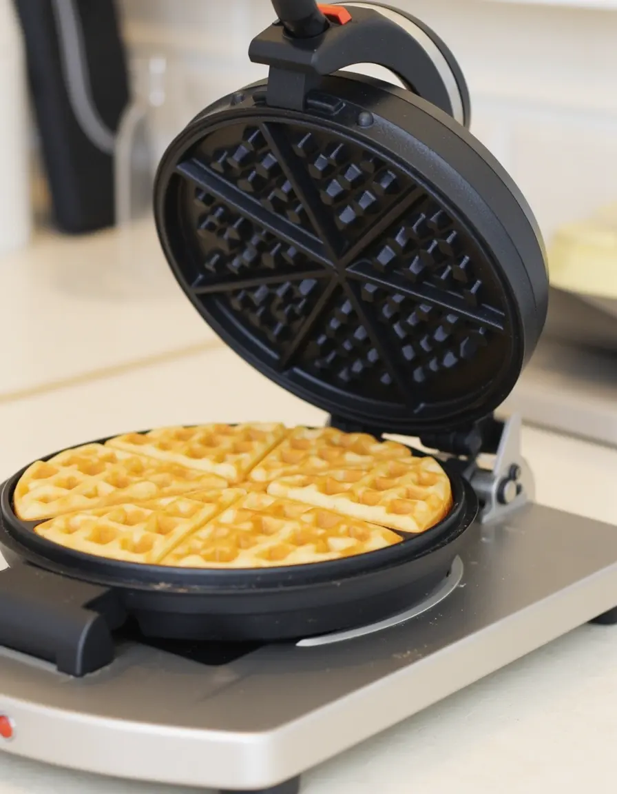 Wafflera de diseño giratorio haciendo waffles dorados