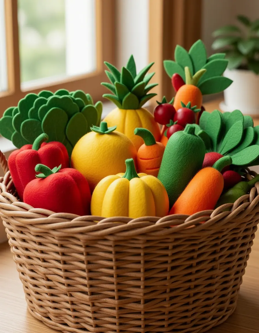 Set de frutas y verduras de fieltro en una cesta de mimbre de juguete