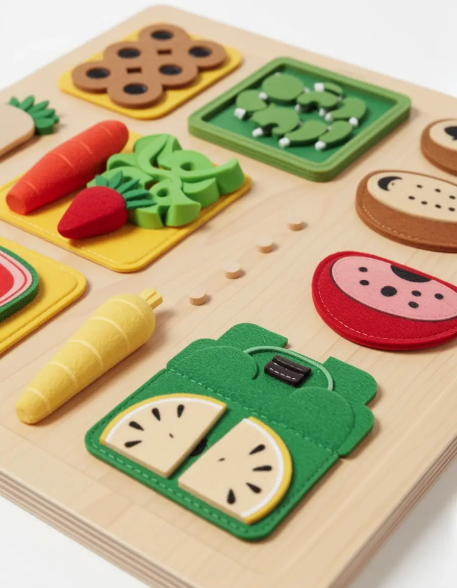 Tabla de cortar de madera con alimentos de velcro y cuchillo de juguete