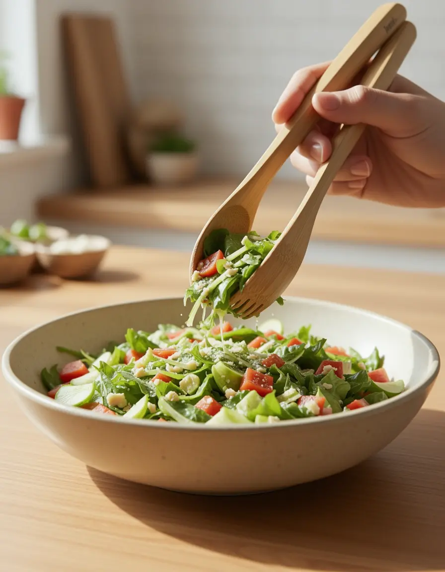 Pinzas de bambú sirviendo una ensalada fresca