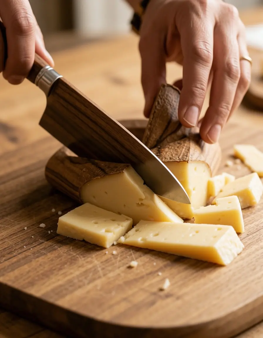Cuchillo para queso con mango de nogal cortando un brie