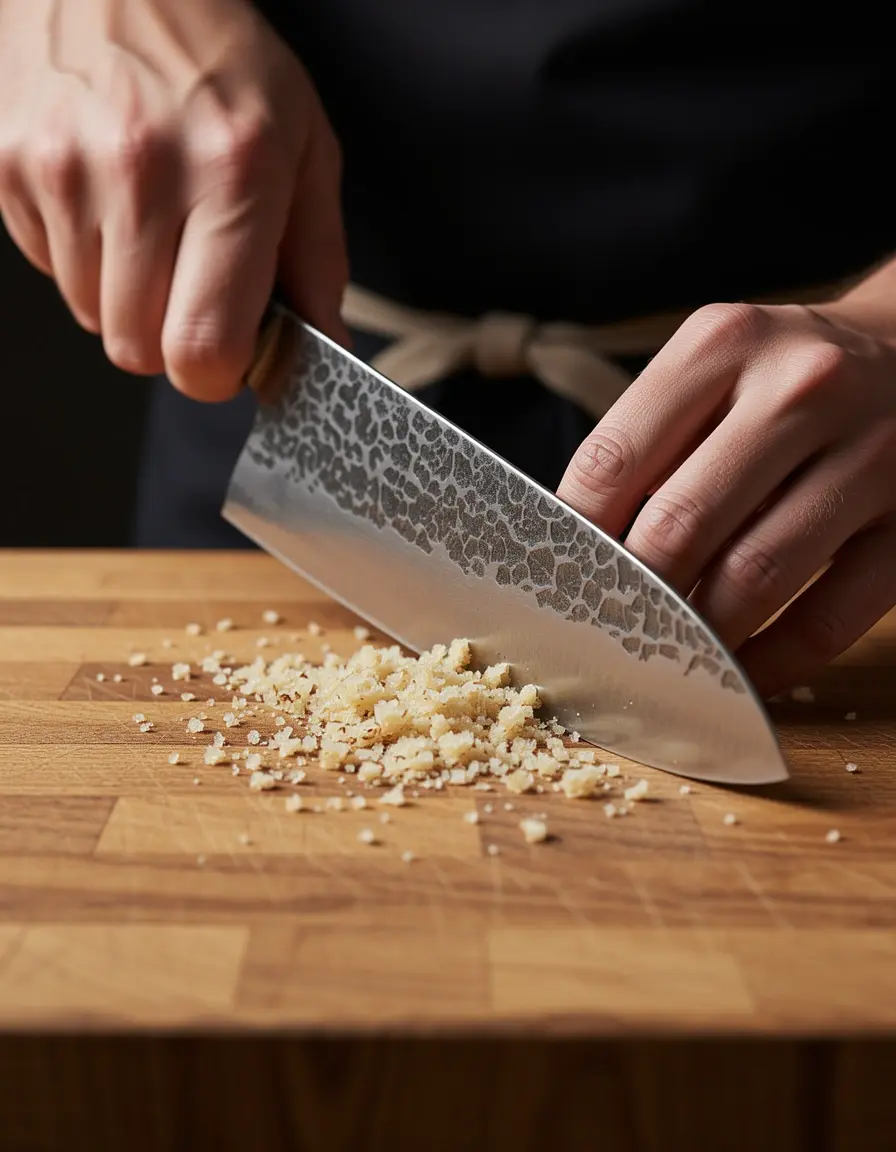 Cuchillo de chef de acero forjado picando verduras en tabla de madera