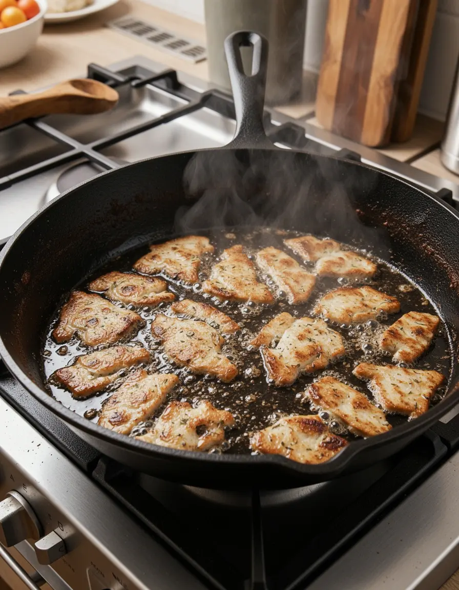 Sartén de hierro fundido curado cocinando carne a fuego alto