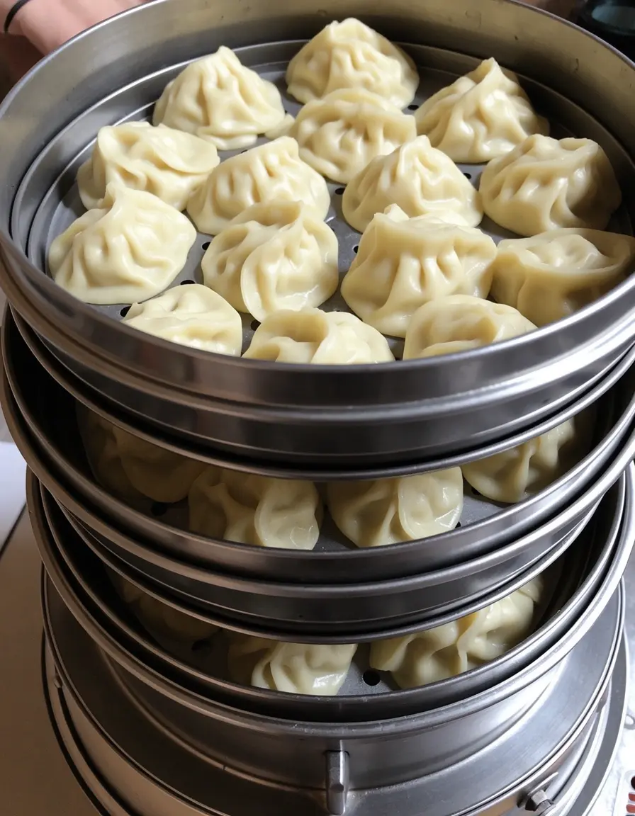 Vaporera de bambú de varios niveles cocinando dumplings al vapor