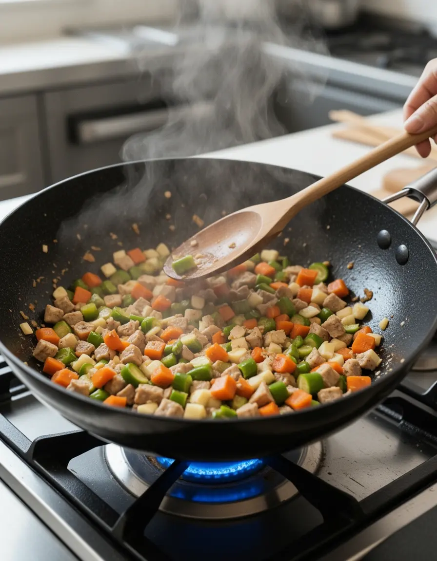 Wok de acero al carbono salteando verduras a fuego vivo