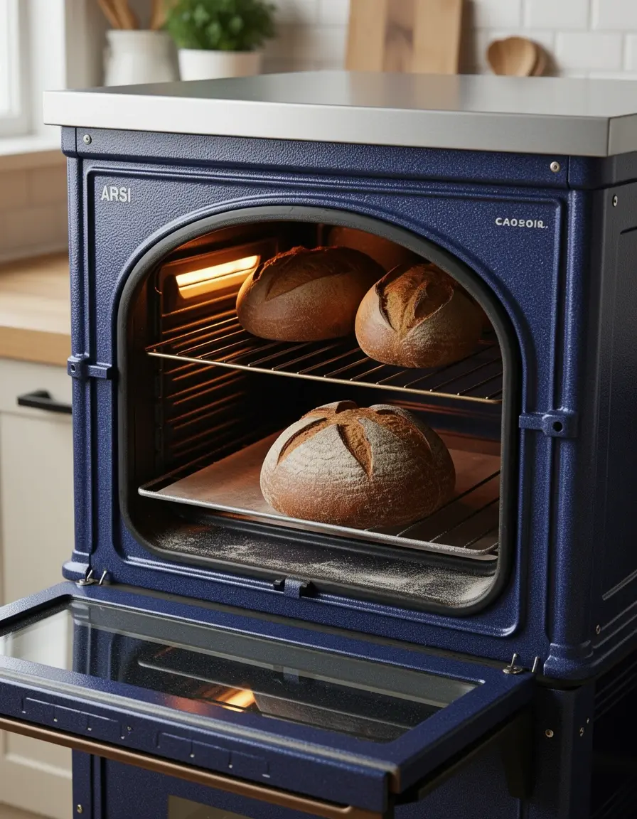 Cocina rústica con horno holandés de hierro fundido esmaltado horneando pan
