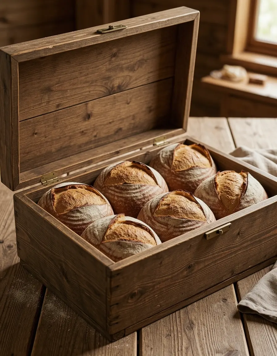 Panera de madera rústica almacenando hogazas de pan fresco