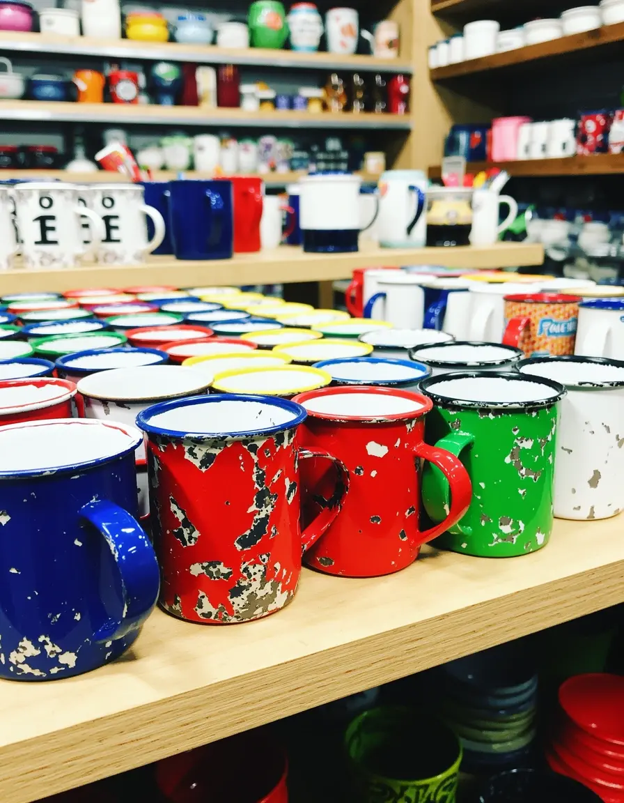 Juego de tazas de peltre esmaltado en estante de madera