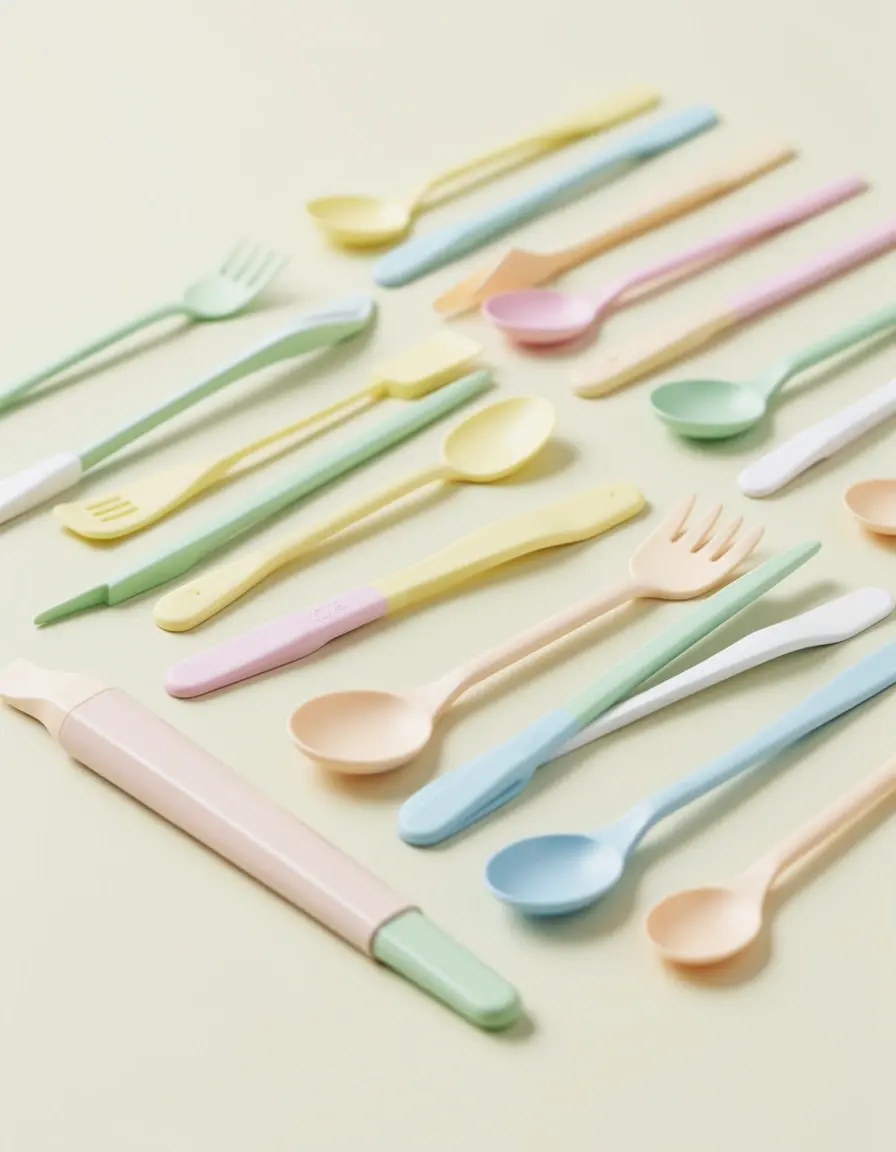 Mini utensilios de cocina en colores pastel sobre encimera blanca