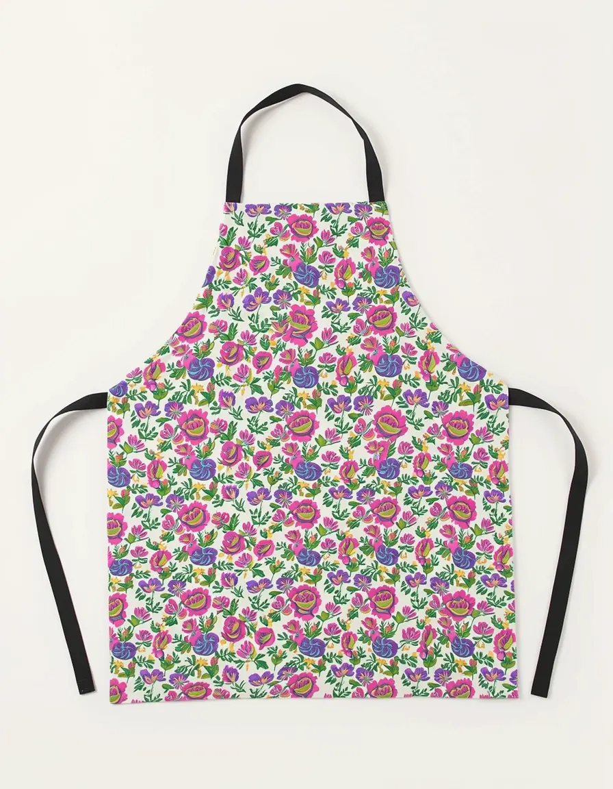 Delantal con estampado floral vibrante y bolsillos amplios