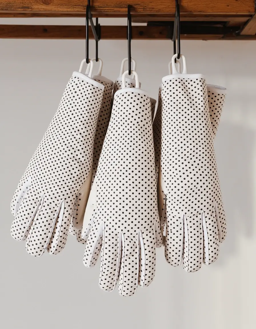 Manoplas de horno con estampado de lunares colgadas en la pared