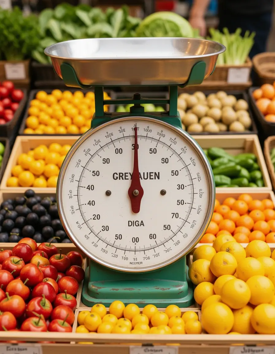 Báscula analógica vintage de color vibrante con frutas frescas