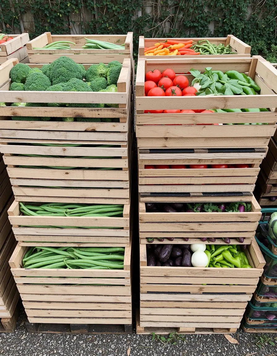 Cajas de madera apilables llenas de vegetales frescos