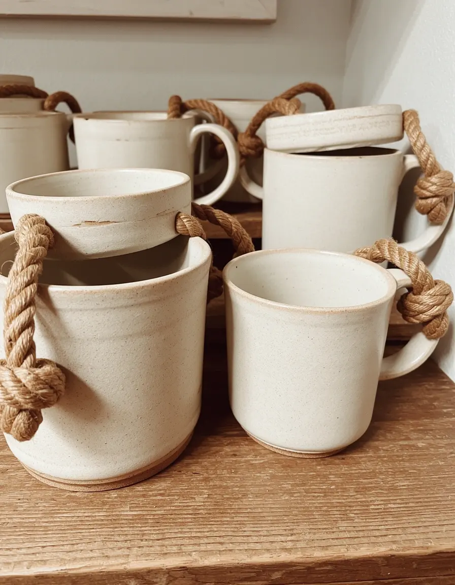 Tazas de cerámica con asas de cuerda sobre un posavasos de madera