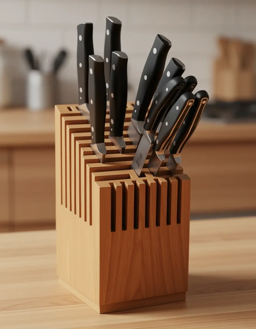 Bloque de madera rústica para cuchillos en encimera de mármol