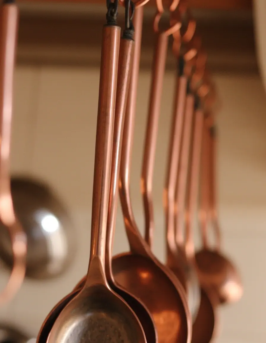 Barra de cobre colgando utensilios de cocina profesionales