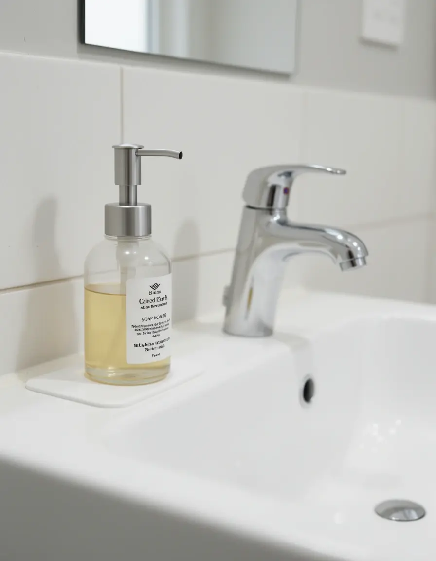 Dispensador de jabón integrado de acero junto al grifo