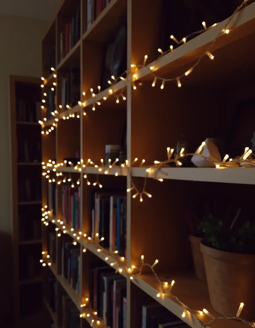 String Lights Kitchen decorando estantes abiertos
