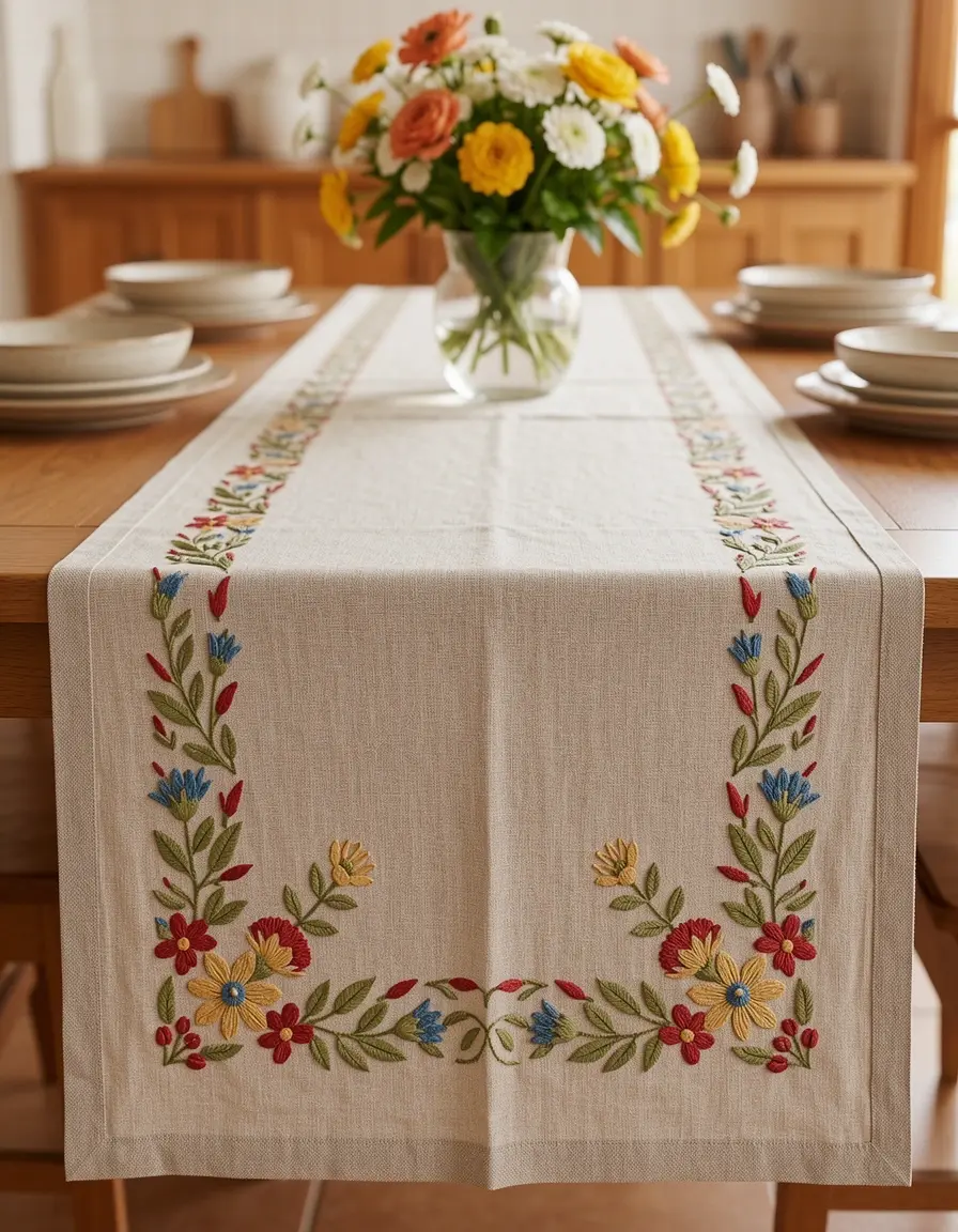 Camino de mesa de lino bordado para decoración de cocina