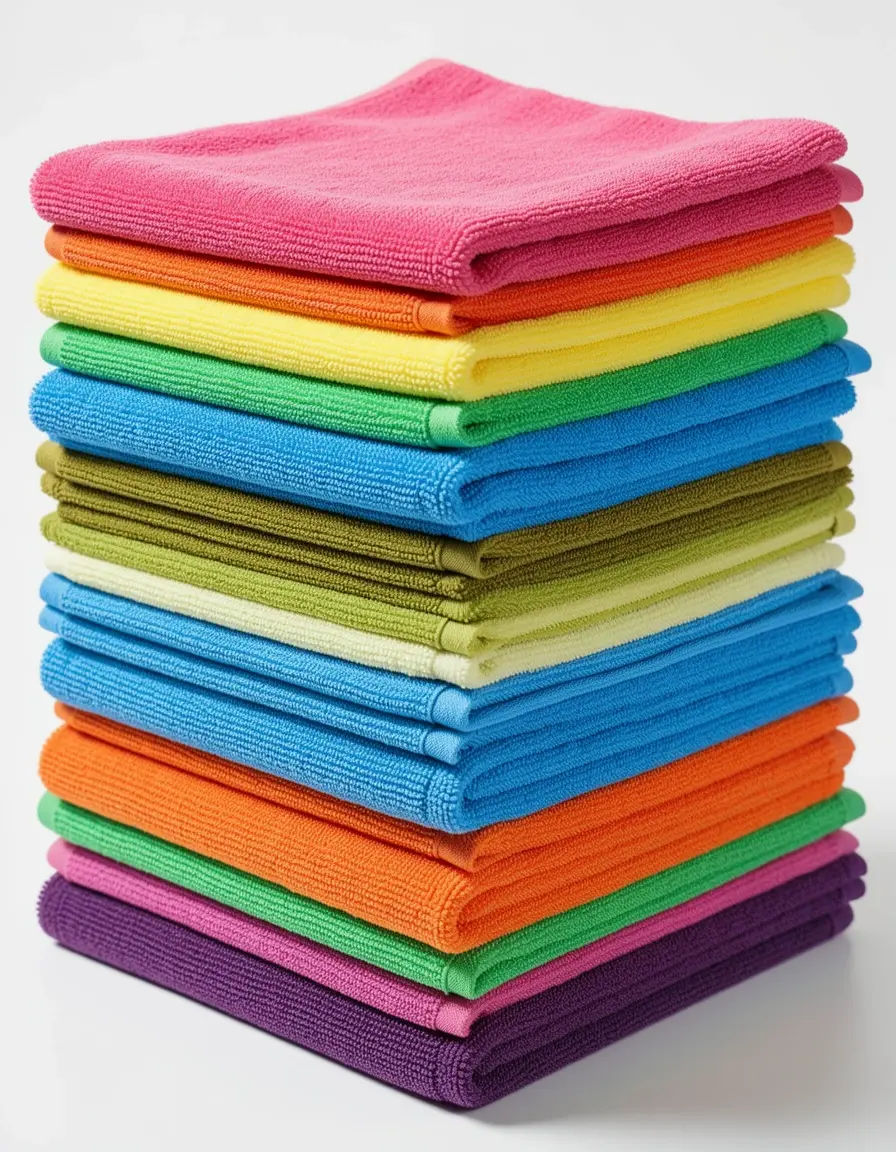 Set de paños de microfibra coloridos apilados para limpieza de cocina