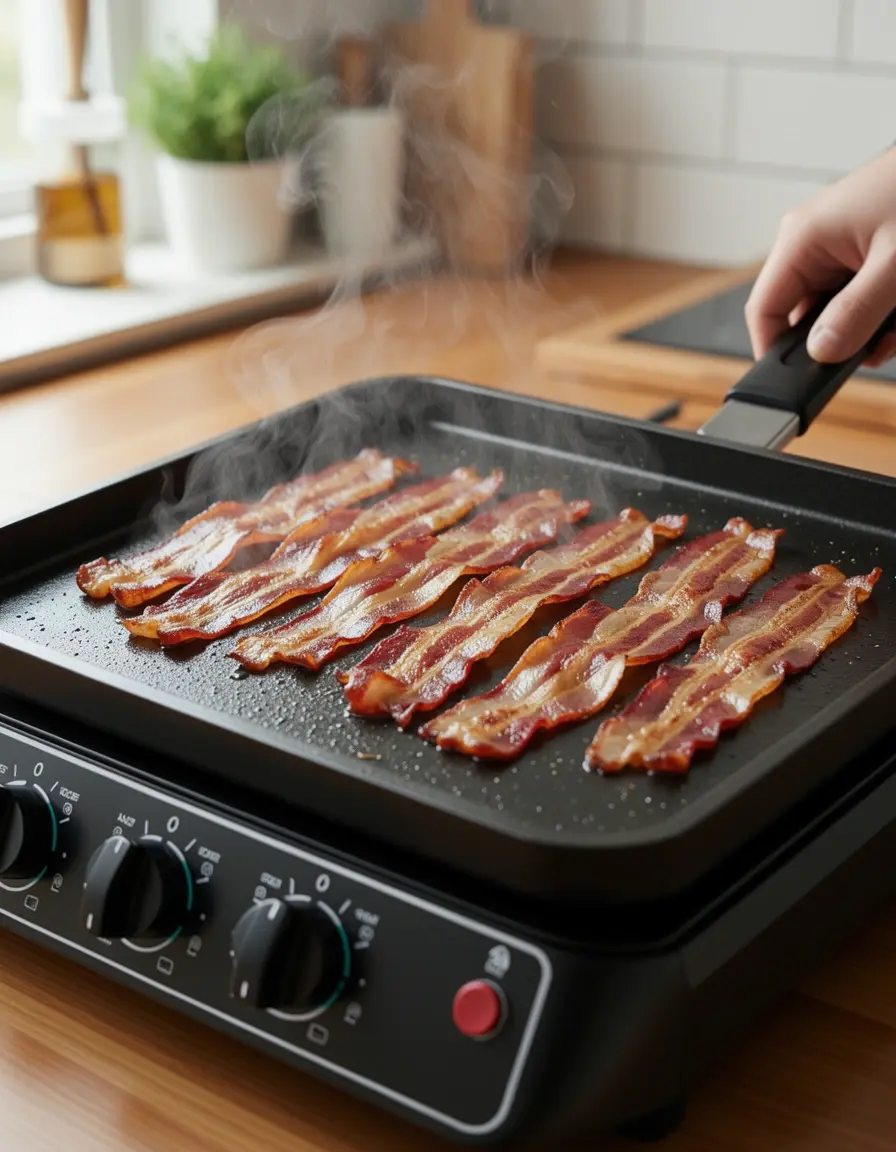 Plancha eléctrica cocina cocinando tocino crujiente
