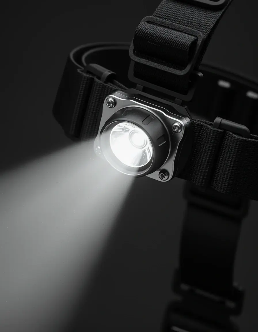 Linterna frontal LED iluminando zona de cocina