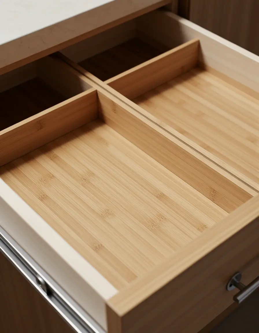 Divisores de cajón de bambú ajustables separando utensilios de madera