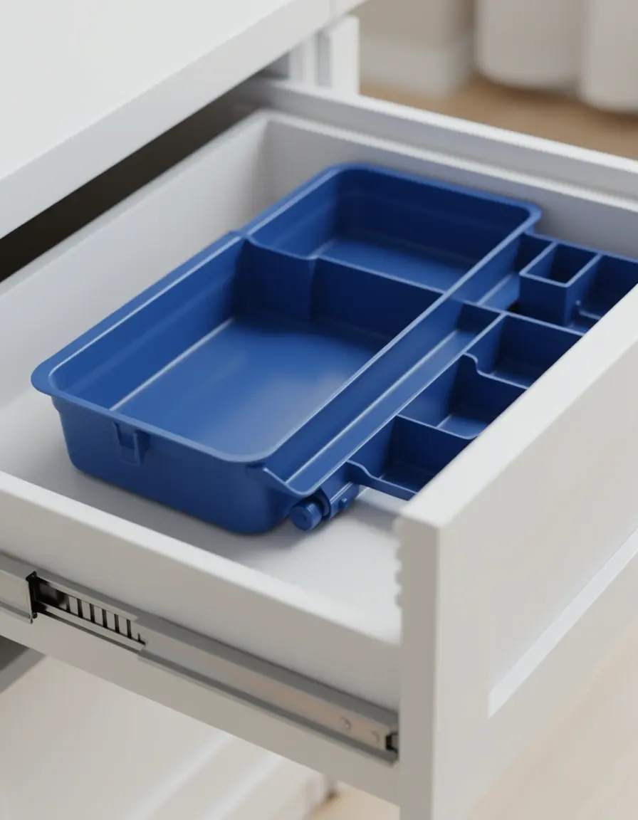 Bandeja extensible de plástico gris para cubiertos ajustada al ancho del cajón