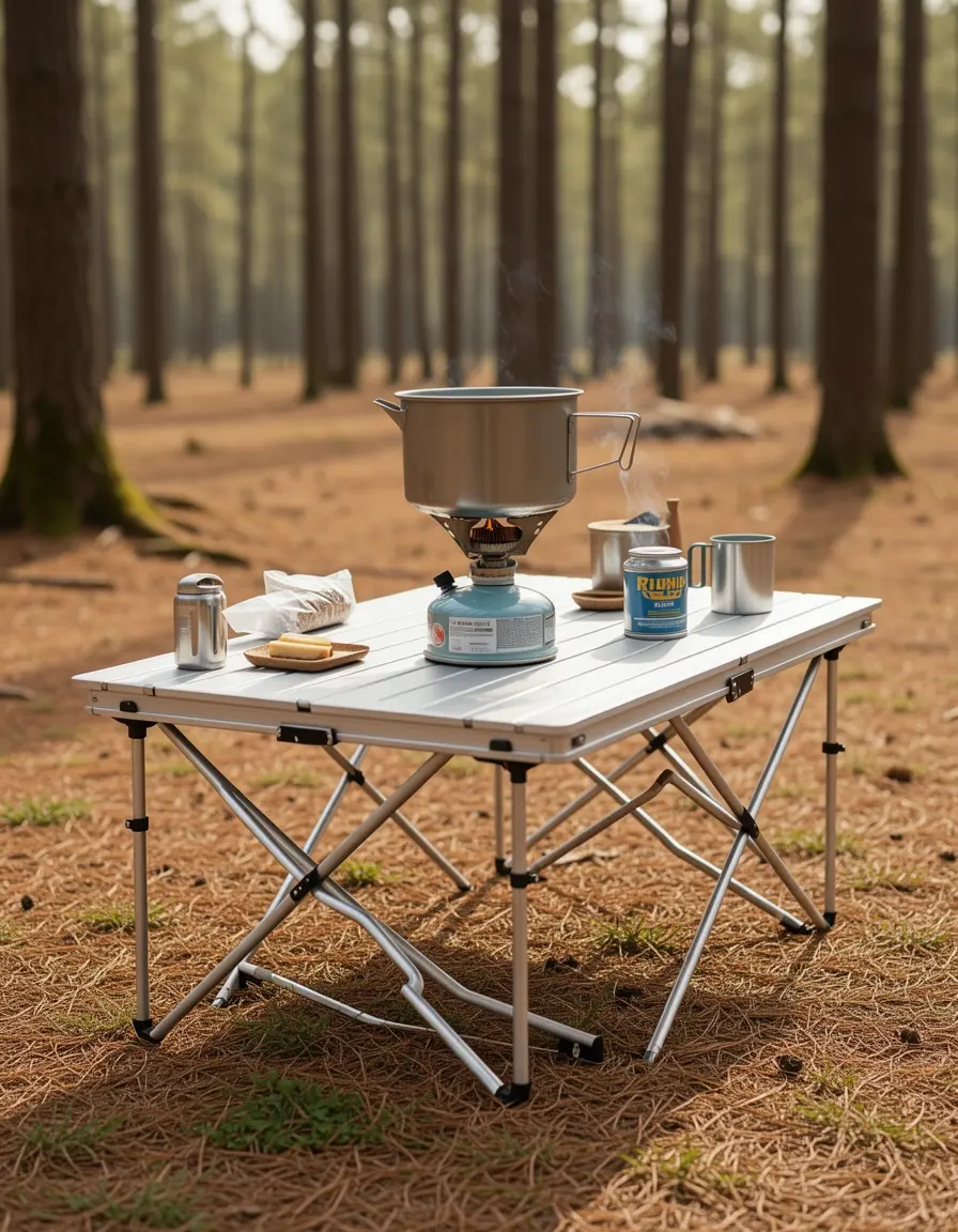 Mesa plegable de aluminio con cocina instalada para camping