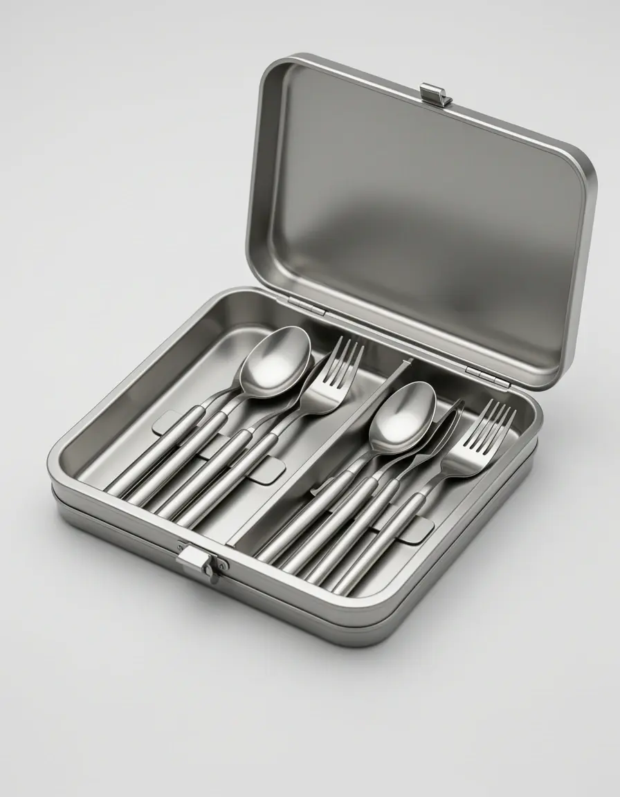 Set de cubiertos portátiles de acero inoxidable en su estuche