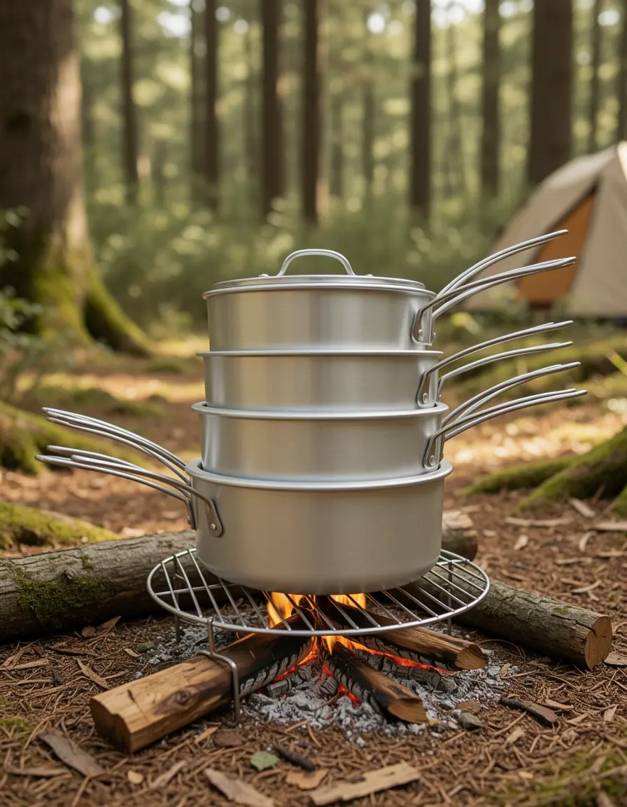 Set de ollas de aluminio ligero apilables para camping