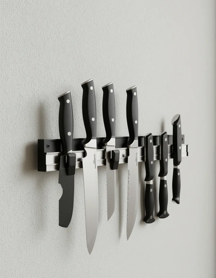 Barra magnética de pared para organizar cuchillos de cocina de forma segura