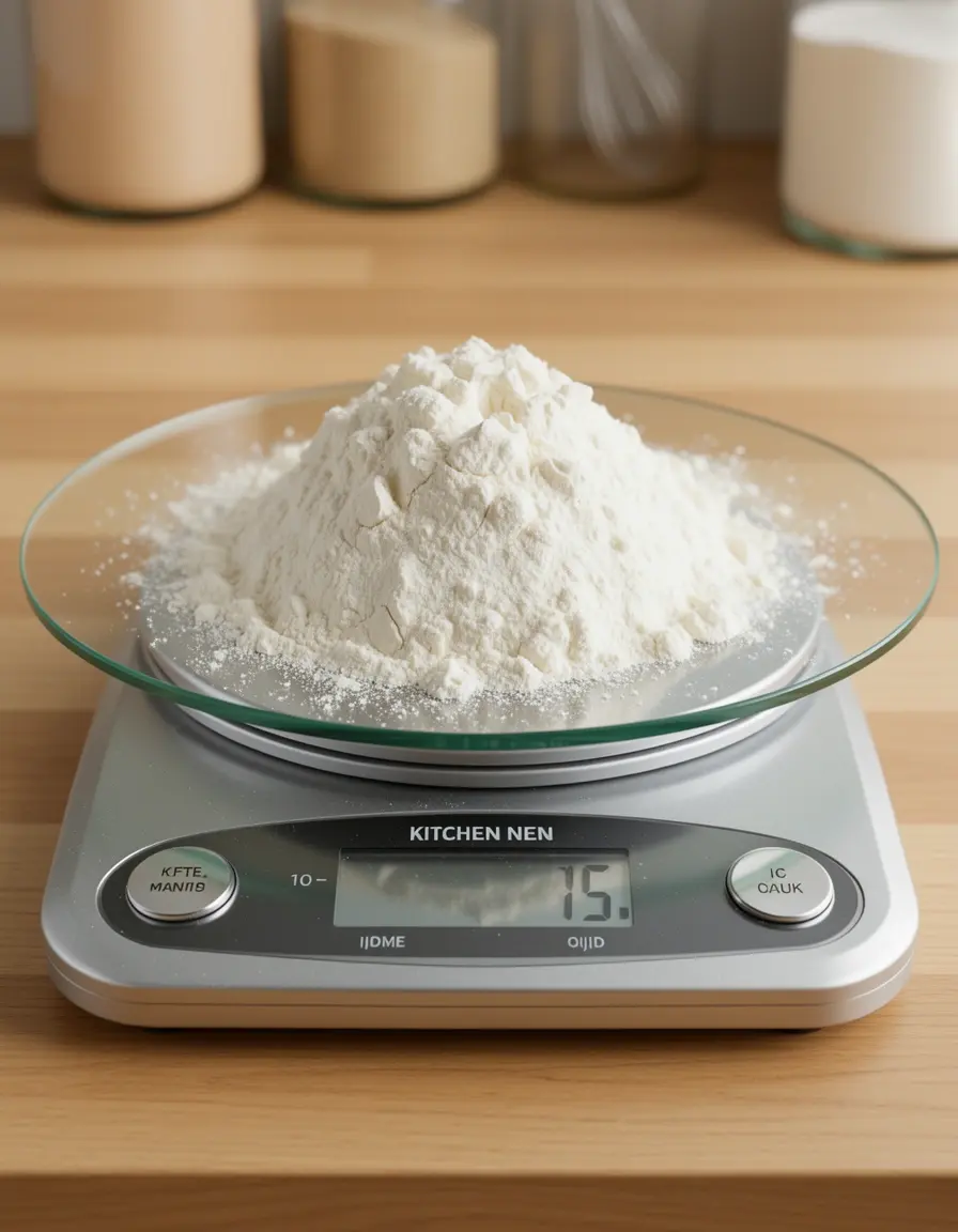 Báscula digital de cocina con plataforma de vidrio midiendo harina
